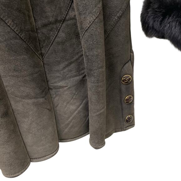 Ming Zhu Best of Nature Brown Leather Suede Fur Trim Cuffs and Collar Coat XL - Picture 8 of 9